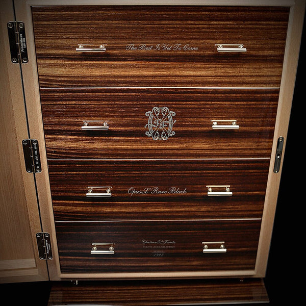 2024 OpusX Rare Black “The Best Is Yet To Come” Cabinet Humidor Macassar Drawers Closed