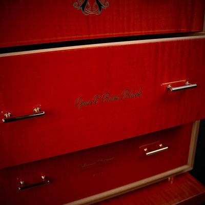 2024 OpusX Rare Black “The Best Is Yet To Come” Cabinet Humidor Red Drawers Closeup