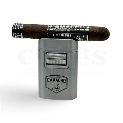 Camacho Chrome Table Top Lighter Front View with Cigar