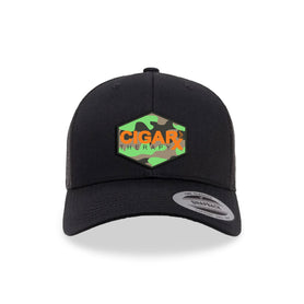 Black Curved Trucker with Orange Logo on Camo Patch