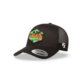 Black Curved Trucker with Orange Logo on Camo Patch