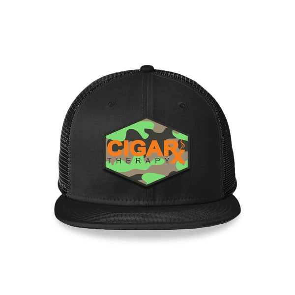 Black Flat Trucker with Orange Logo on Camo Patch