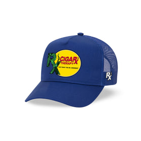 Blue Curved Trucker with Green Rx on Yellow Patch Angled