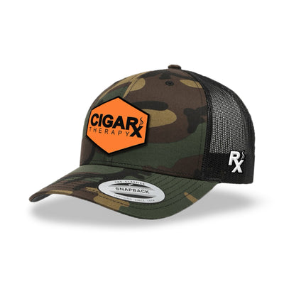 Camo Curved Trucker with Black on Orange Patch Angled