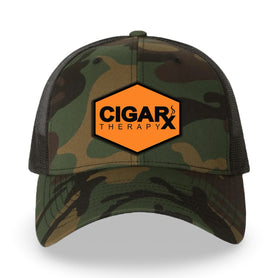 Camo Curved Trucker with Black on Orange Patch Front