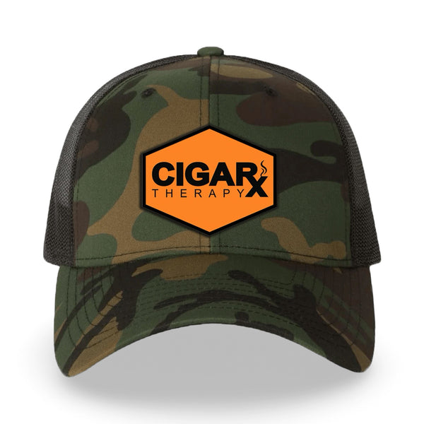 Camo Curved Trucker with Black on Orange Patch Front