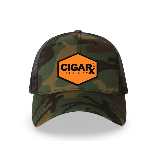 Camo Curved Trucker with Black on Orange Patch