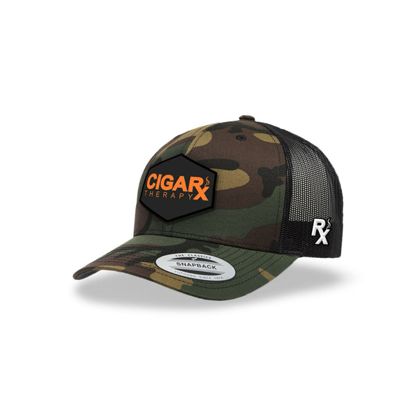 Camo Curved Trucker with Orange on Black Patch