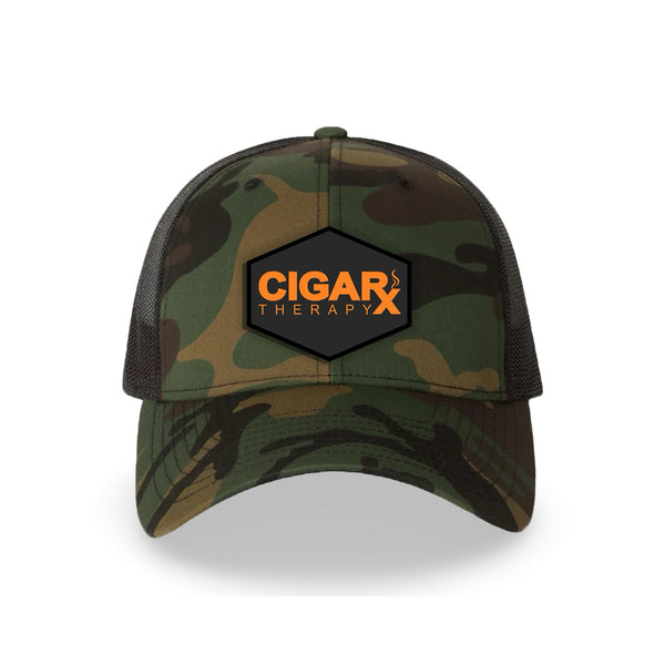 Camo Curved Trucker with Orange on Black Patch