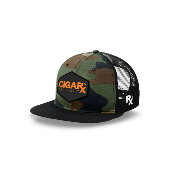 Camo Flat Trucker with Orange on Black Patch Angled Black Bill