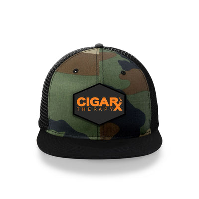 Camo Flat Trucker with Orange on Black Patch Front View Black Bill