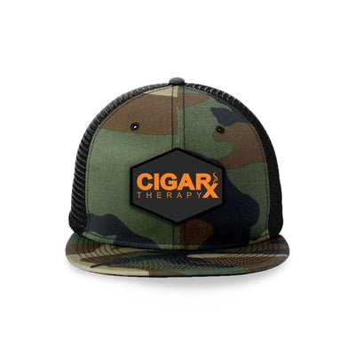 Camo Flat Trucker with Orange on Black Patch Front View Camo Bill