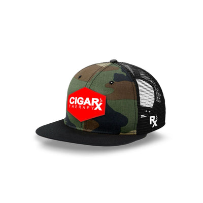 Camo Flat Trucker with Red Classic Patch Black Bill Angled