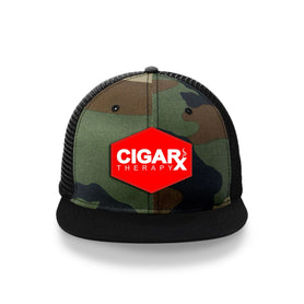 Camo Flat Trucker with Red Classic Patch Black Bill Front View