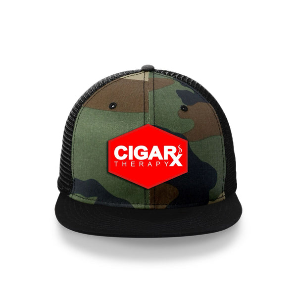 Camo Flat Trucker with Red Classic Patch Black Bill Front View