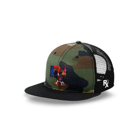 Camo Flat Trucker with Smokin Cock Patch Angled Black Outline Black Bill 