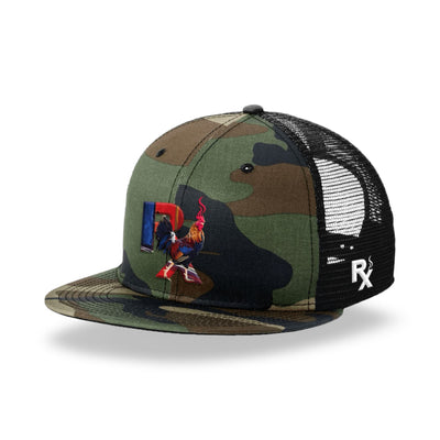 Camo Flat Trucker with Smokin Cock Patch Angled