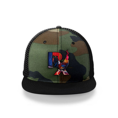 Camo Flat Trucker with Smokin Cock Patch Front Black Outline Black Bill 