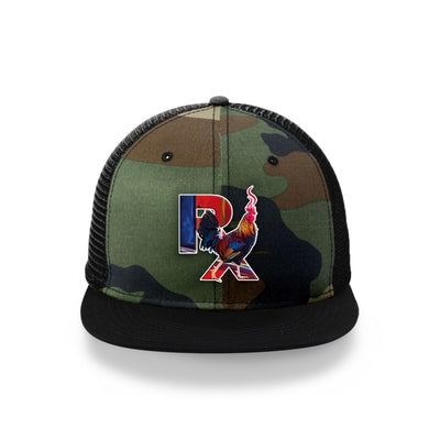 Camo Flat Trucker with Smokin Cock Patch Front White Outline Black Bill 