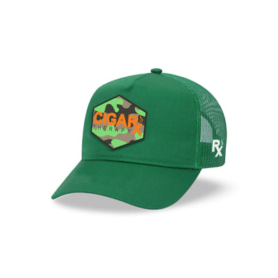 Green Curved Trucker with Orange Logo on Camo Rogue Patch