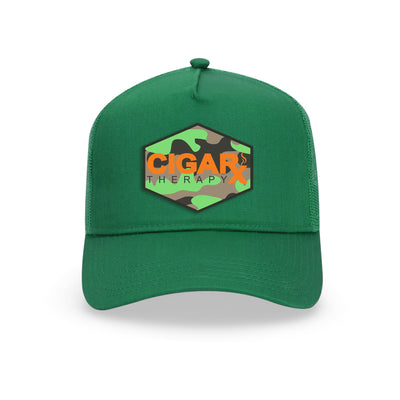 Green Curved Trucker with Orange Logo on Camo Rogue Patch