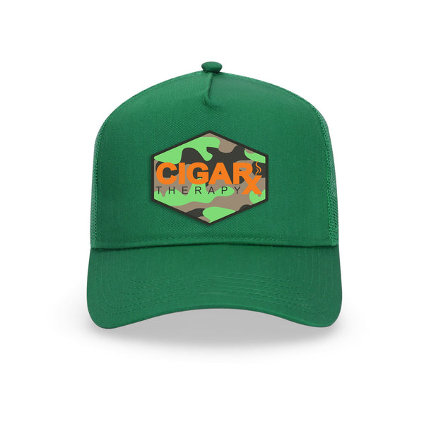 Green Curved Trucker with Orange Logo on Camo Rogue Patch