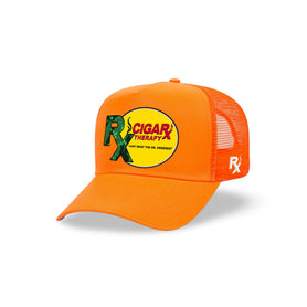 Orange Curved Trucker with Green Rx on Yellow Patch