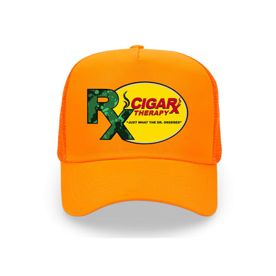 Orange Curved Trucker with Green Rx on Yellow Patch