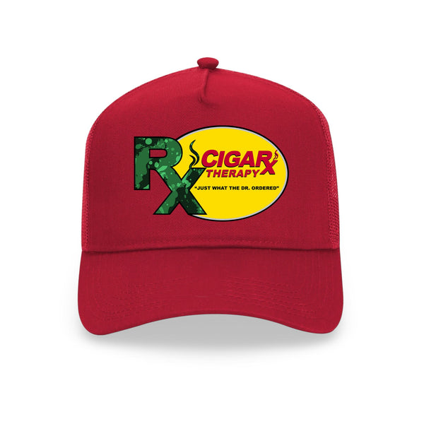 Red Curved Trucker with Green Rx on Yellow Patch