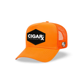 Orange Curved Trucker with Black Classic Patch Angled